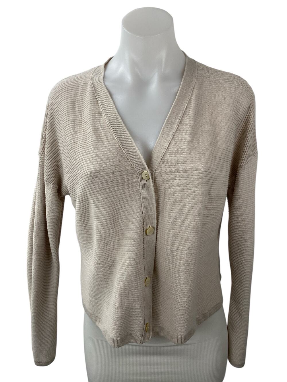 Theory Women's Beige Linen Knit Long Sleeve V Neck Button Up Cardigan Sweater M
